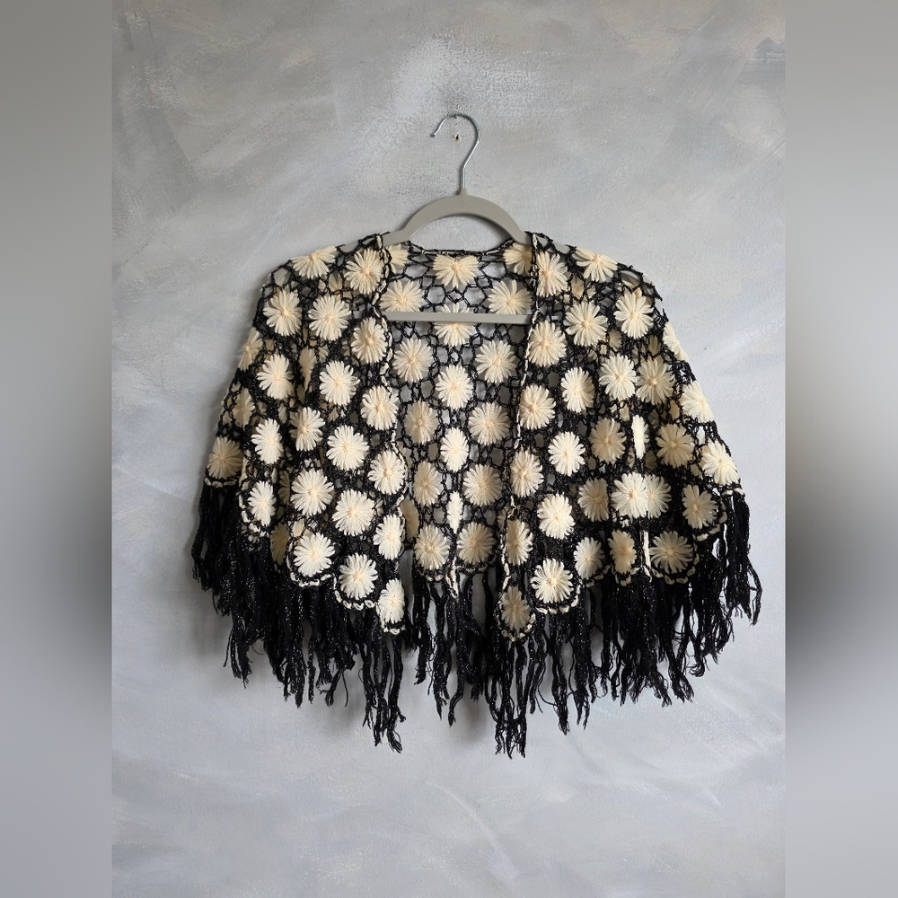 Black Cream Gold handmade crochet Shawl flower motif design Open Front OS